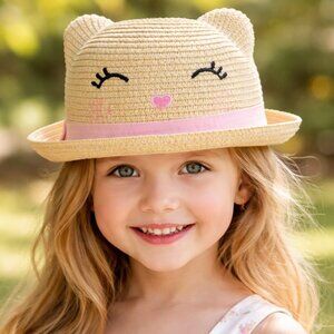 H&M Straw Hat with Ears – Natural | Kids Size 4–6Y | Cute Cat Face Summer Hat
